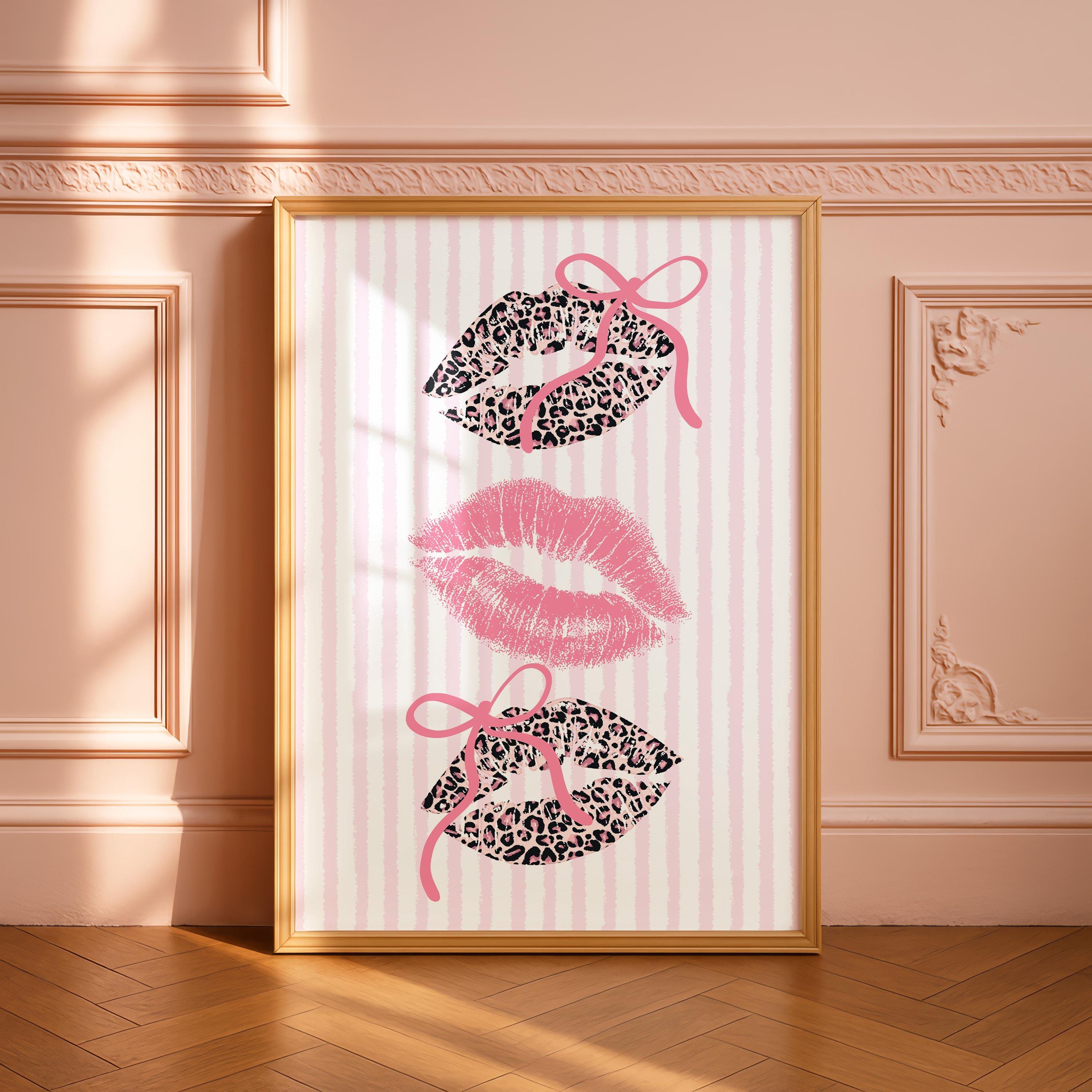 Pink Leopard Lips Wall Art, Coquette Bow Lip Print, Striped Girly Poster, Glam Kiss Printable, Feminine Gallery Wall Decor, Digital Download