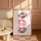 Pink Leopard Lips Wall Art, Coquette Bow Lip Print, Striped Girly Poster, Glam Kiss Printable, Feminine Gallery Wall Decor, Digital Download