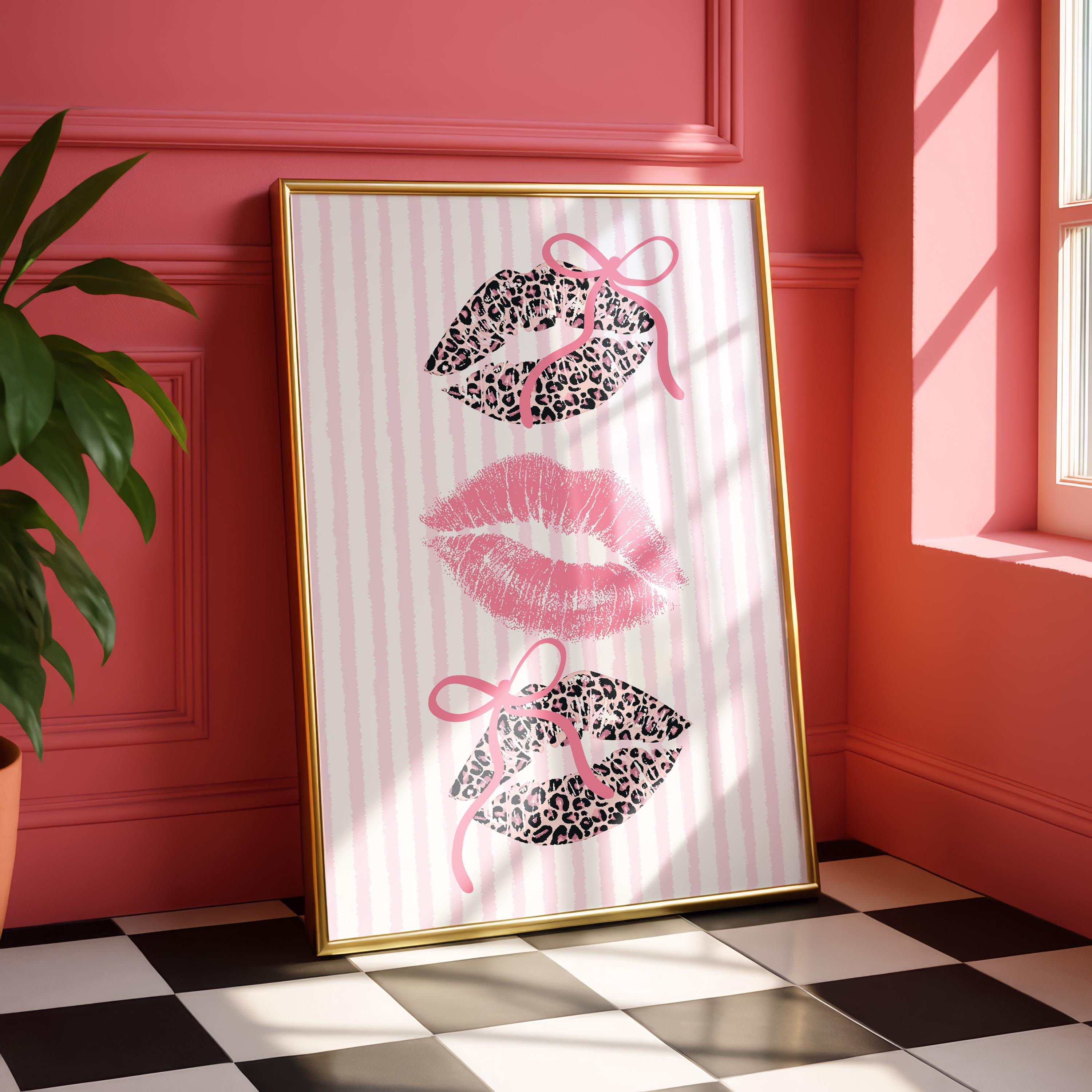 Pink Leopard Lips Wall Art, Coquette Bow Lip Print, Striped Girly Poster, Glam Kiss Printable, Feminine Gallery Wall Decor, Digital Download