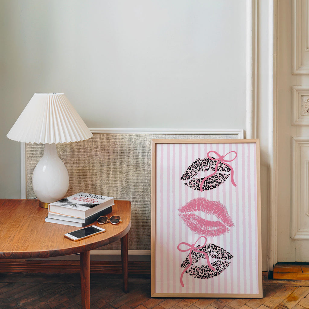Pink Leopard Lips Wall Art, Coquette Bow Lip Print, Striped Girly Poster, Glam Kiss Printable, Feminine Gallery Wall Decor, Digital Download