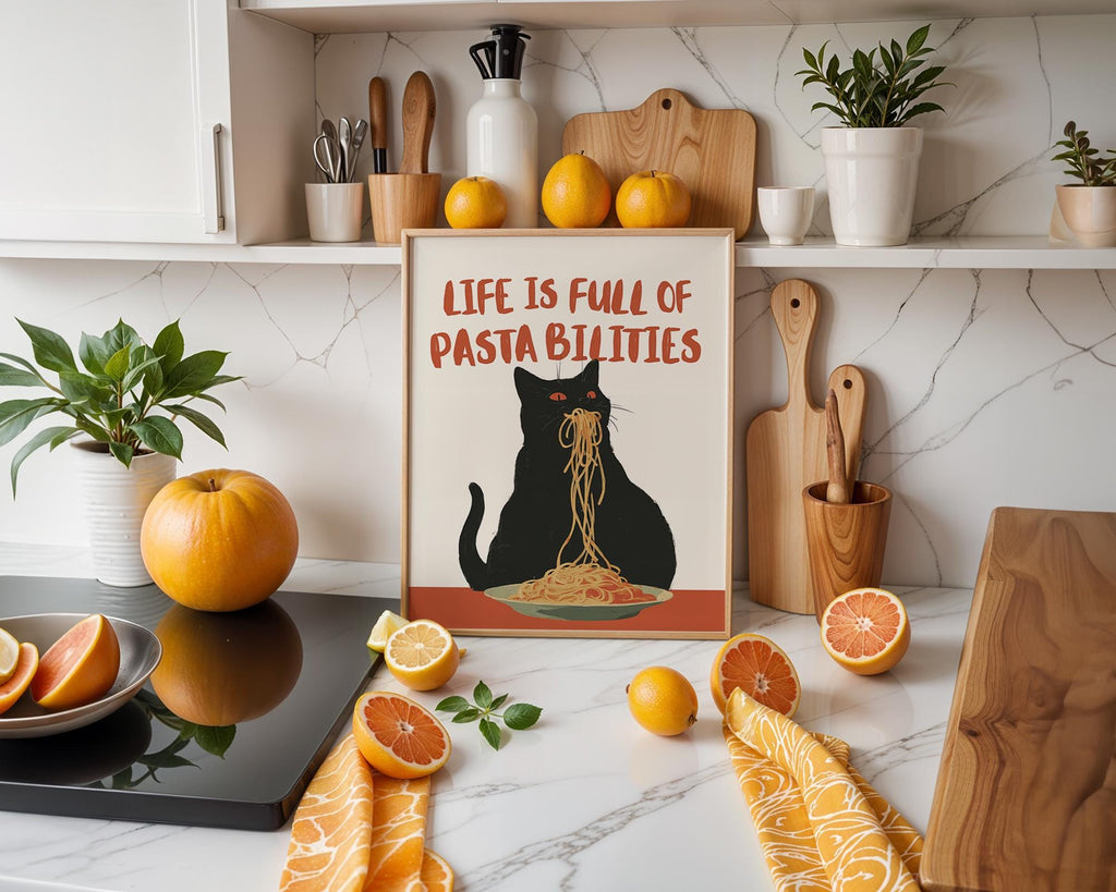 Life Is Full of Pasta-bilities Wall Art, Funny Cat Kitchen Print, Pasta Lover Gift, Italian Food Poster, Cute Cat Printable Digital Download