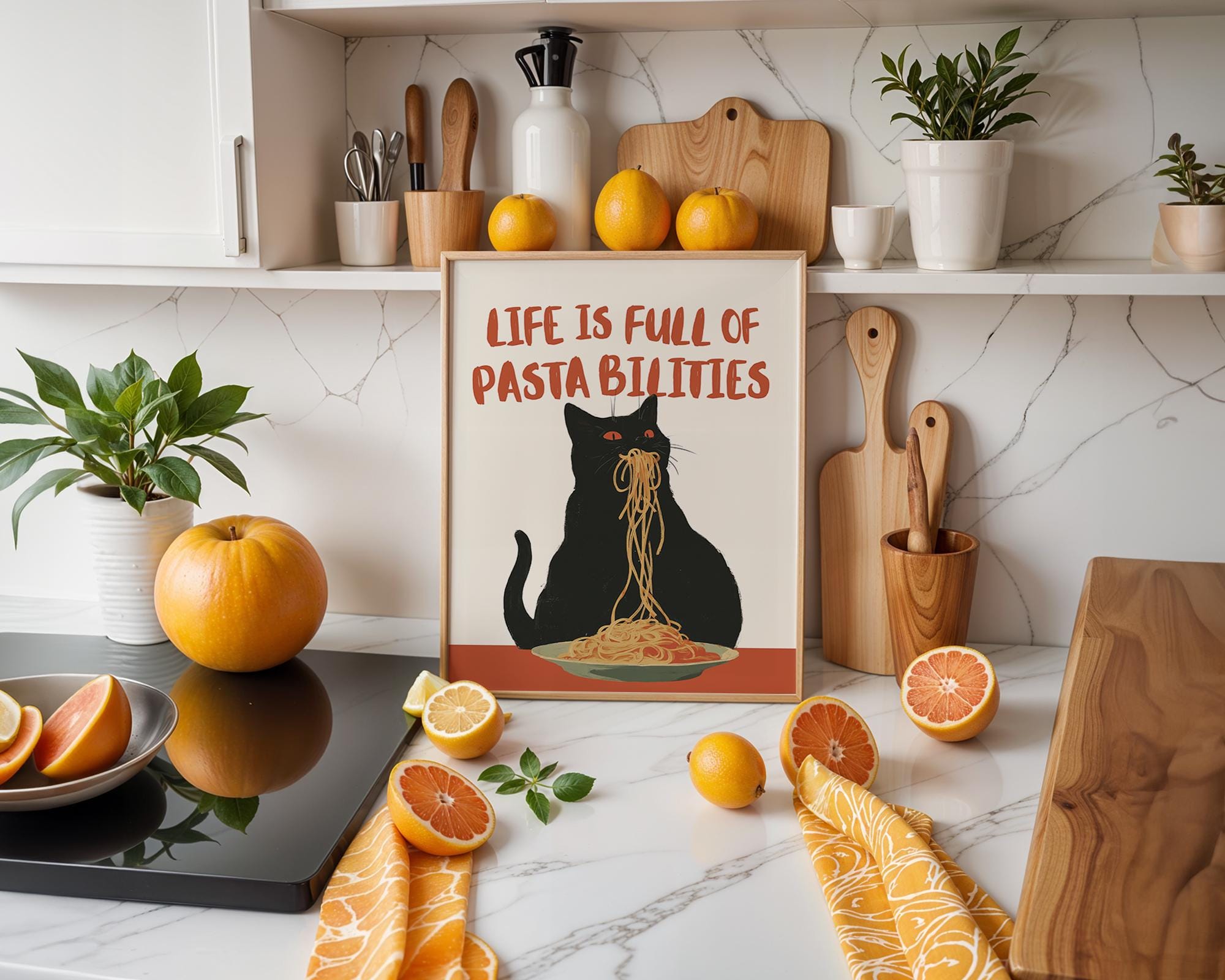 Life Is Full of Pasta-bilities Wall Art, Funny Cat Kitchen Print, Pasta Lover Gift, Italian Food Poster, Cute Cat Printable Digital Download