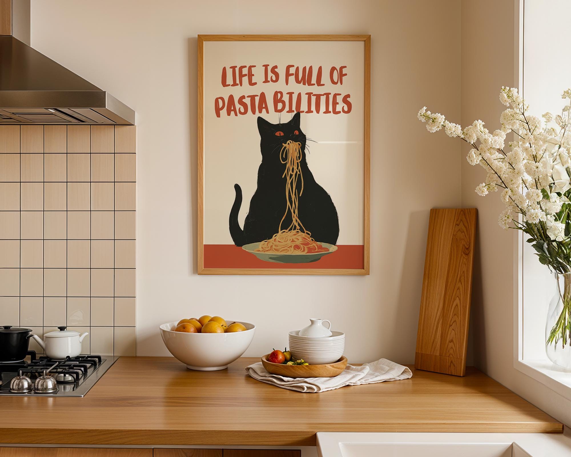 Life Is Full of Pasta-bilities Wall Art, Funny Cat Kitchen Print, Pasta Lover Gift, Italian Food Poster, Cute Cat Printable Digital Download