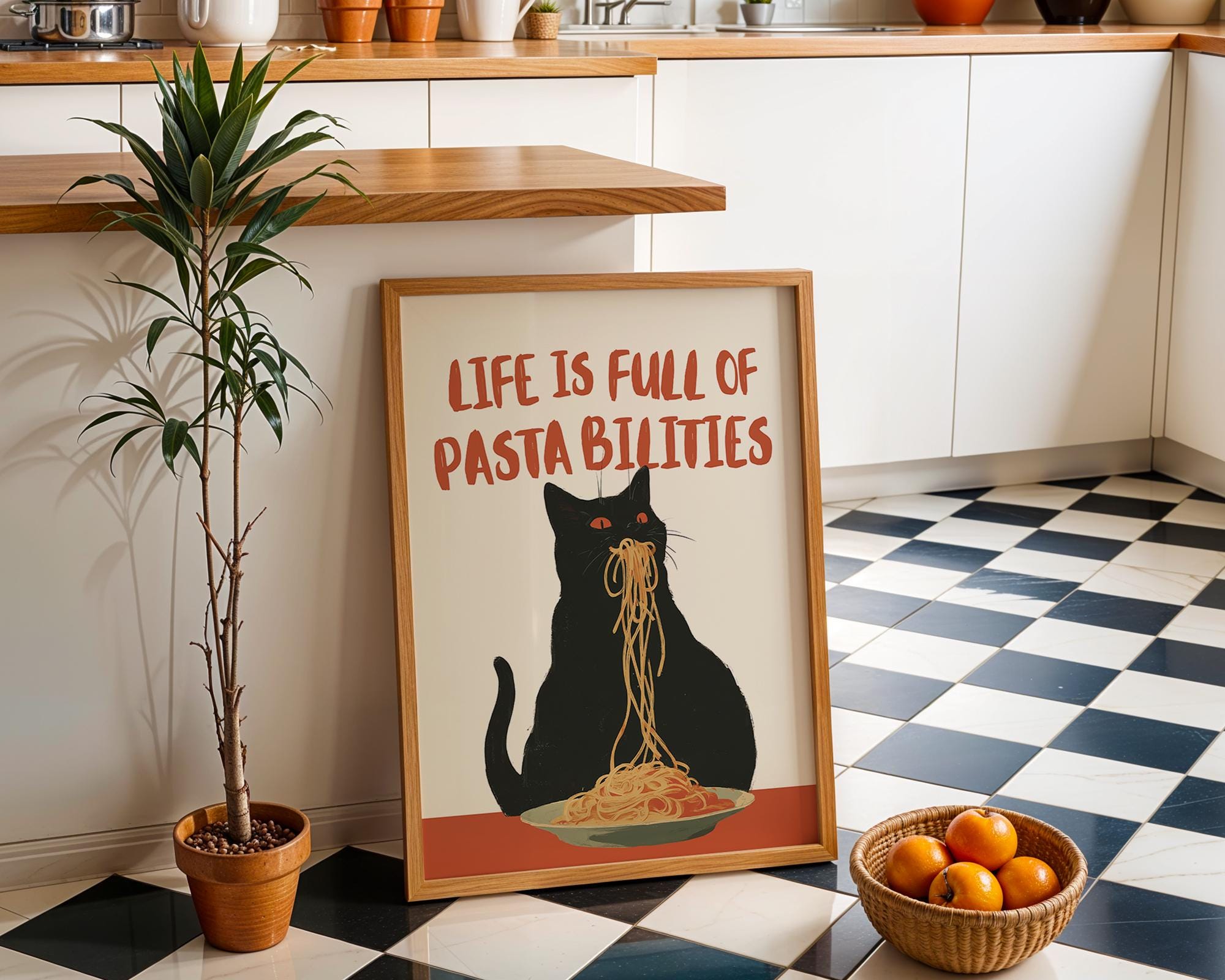 Life Is Full of Pasta-bilities Wall Art, Funny Cat Kitchen Print, Pasta Lover Gift, Italian Food Poster, Cute Cat Printable Digital Download