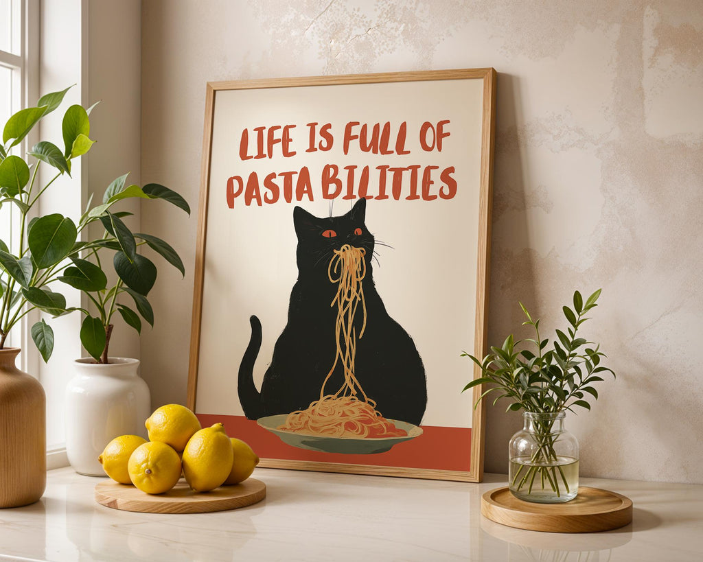Life Is Full of Pasta-bilities Wall Art, Funny Cat Kitchen Print, Pasta Lover Gift, Italian Food Poster, Cute Cat Printable Digital Download