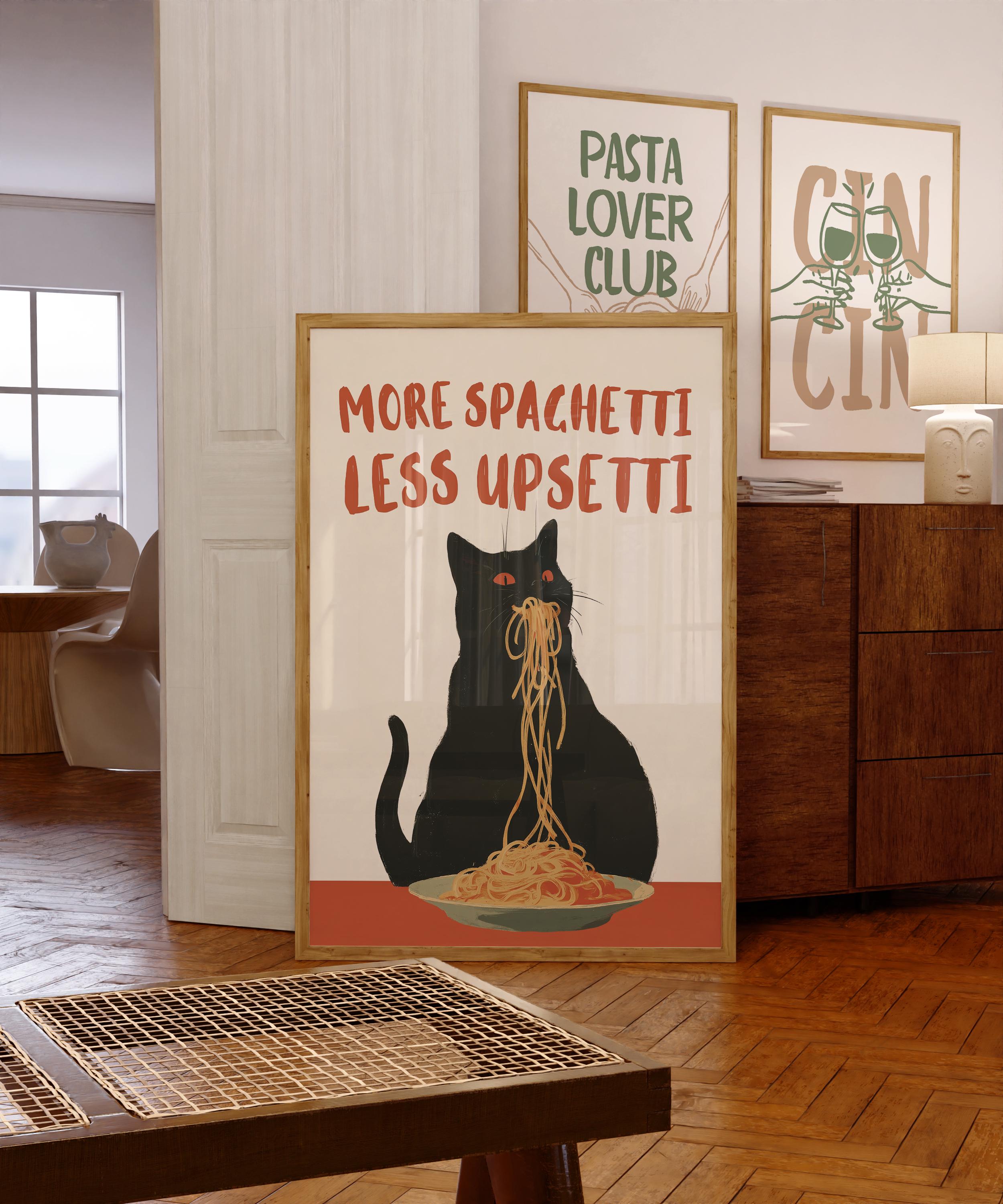 More Spaghetti Less Upsetti Wall Art, Funny Cat Kitchen Print, Pasta Lover Gift, Spaghetti Poster, Italian Food Wall Decor, Digital Download