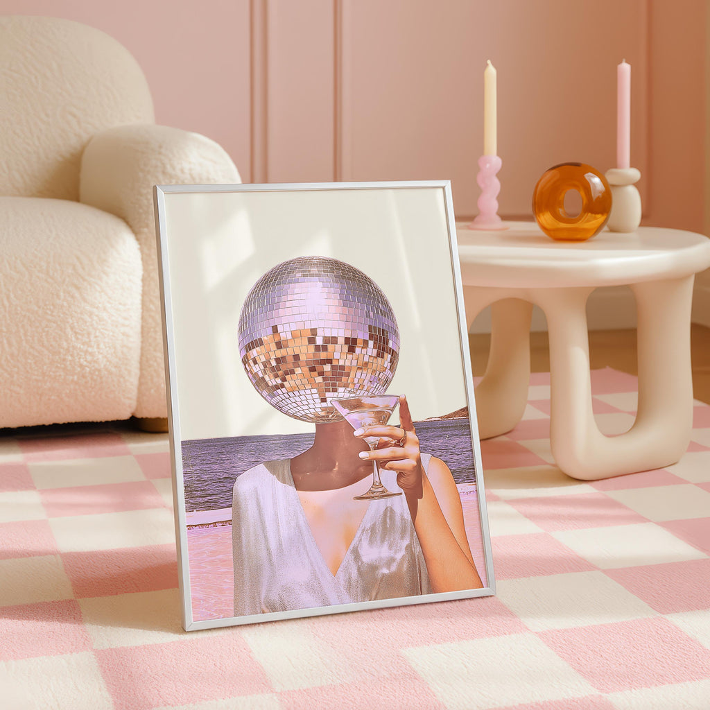Disco Ball Head Cocktail Print, Coastal Retro Beach Wall Art, Martini Bar Cart Decor, Pink Aesthetic Printable, Surreal Party Girl Art