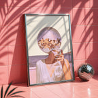 Disco Ball Head Cocktail Print, Coastal Retro Beach Wall Art, Martini Bar Cart Decor, Pink Aesthetic Printable, Surreal Party Girl Art