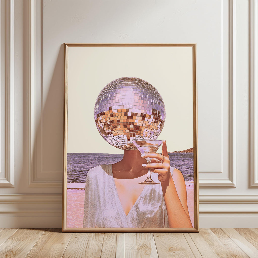 Disco Ball Head Cocktail Print, Coastal Retro Beach Wall Art, Martini Bar Cart Decor, Pink Aesthetic Printable, Surreal Party Girl Art