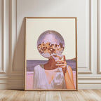 Disco Ball Head Cocktail Print, Coastal Retro Beach Wall Art, Martini Bar Cart Decor, Pink Aesthetic Printable, Surreal Party Girl Art