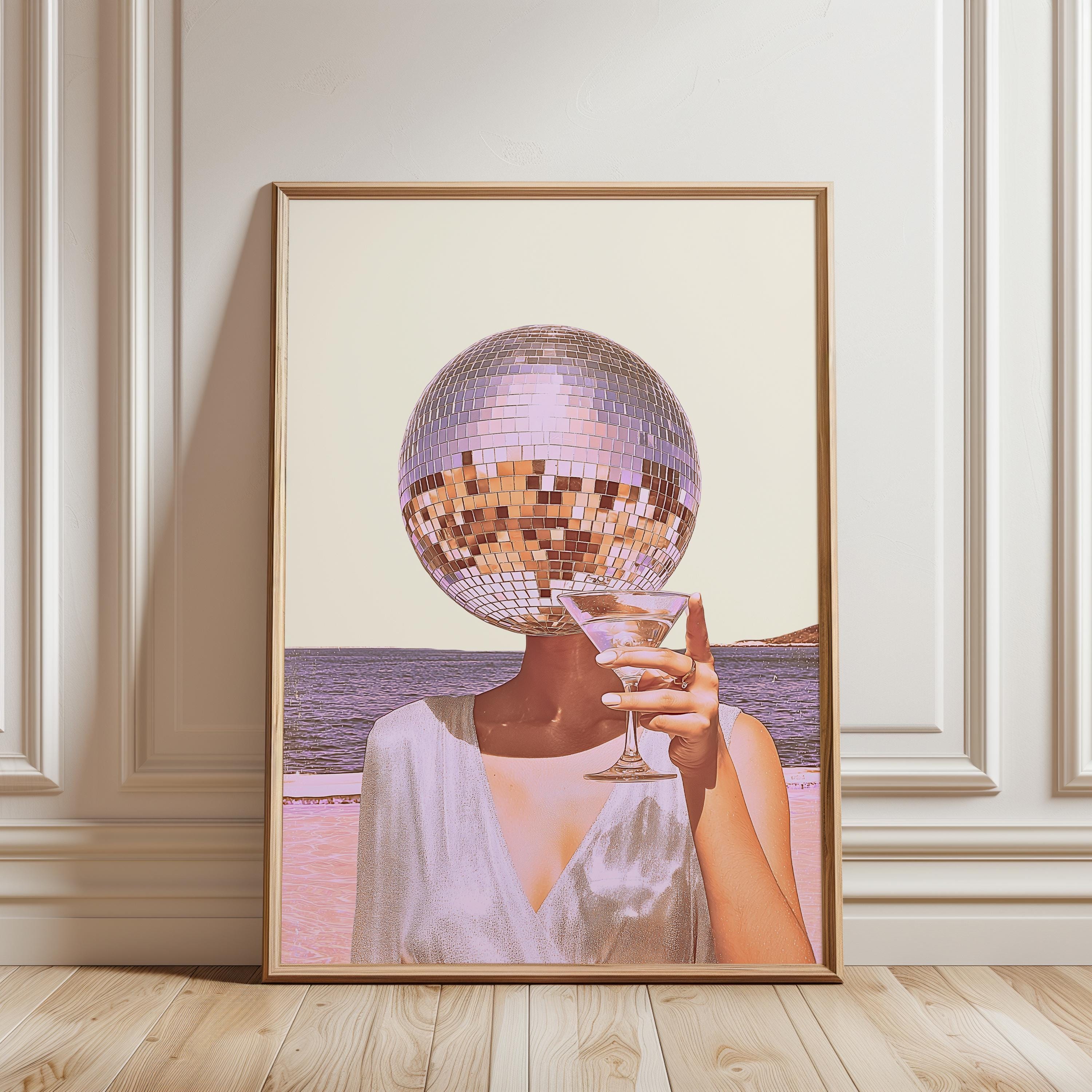 Disco Ball Head Cocktail Print, Coastal Retro Beach Wall Art, Martini Bar Cart Decor, Pink Aesthetic Printable, Surreal Party Girl Art