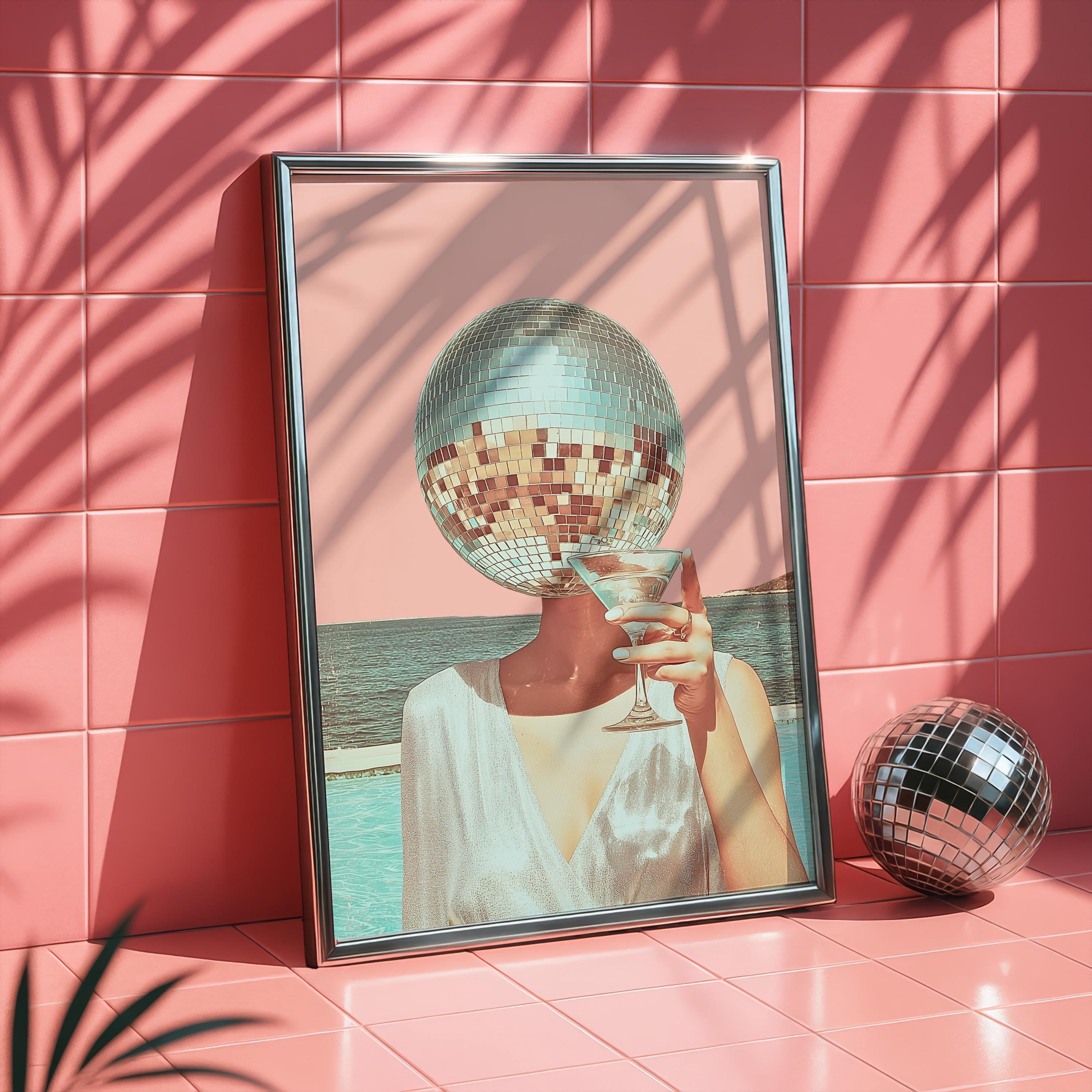 Disco Ball Head Martini Print, Retro Pink Beach Wall Art, Coastal Bar Cart Decor, Surreal Cocktail Poster, Trendy Aesthetic Printable