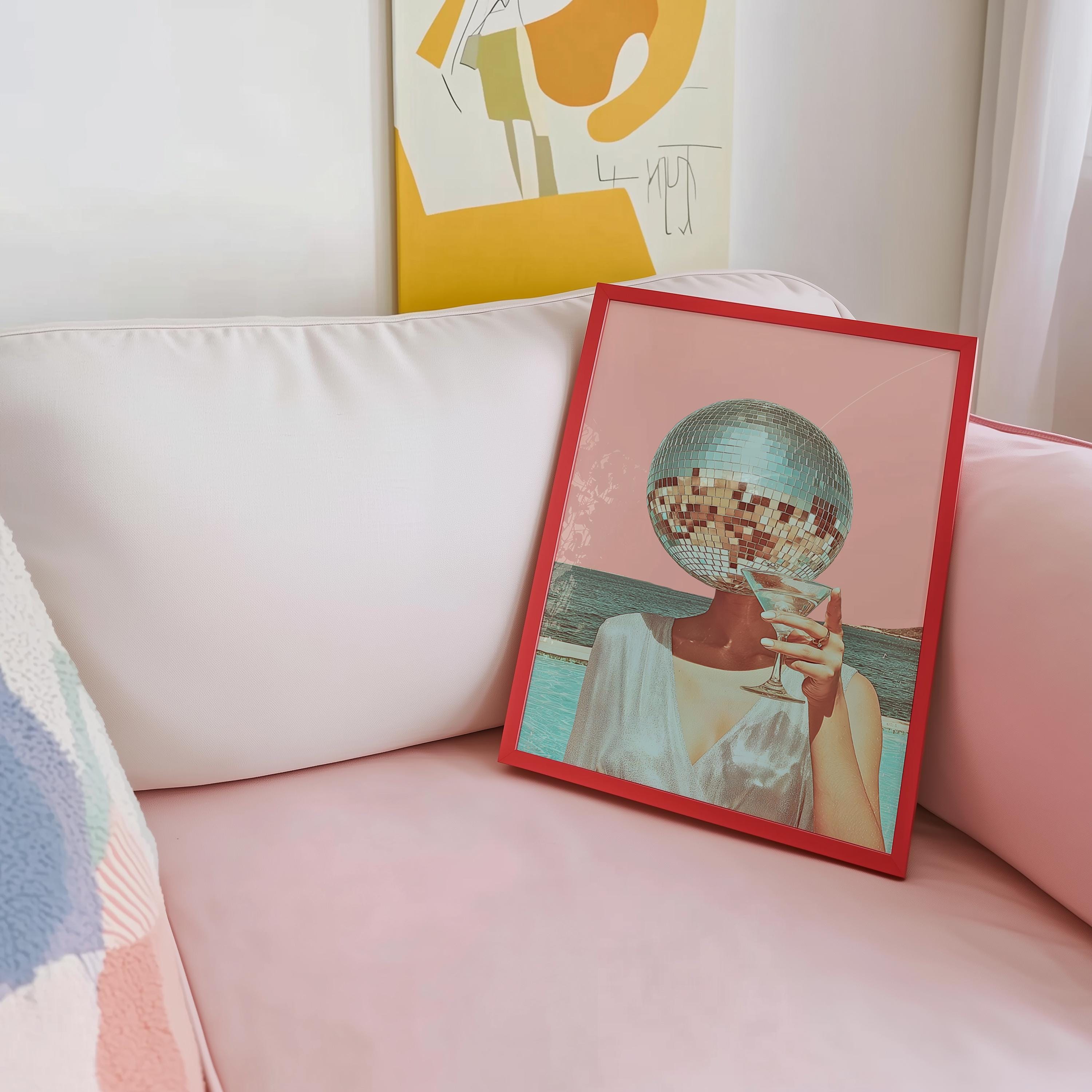 Disco Ball Head Martini Print, Retro Pink Beach Wall Art, Coastal Bar Cart Decor, Surreal Cocktail Poster, Trendy Aesthetic Printable