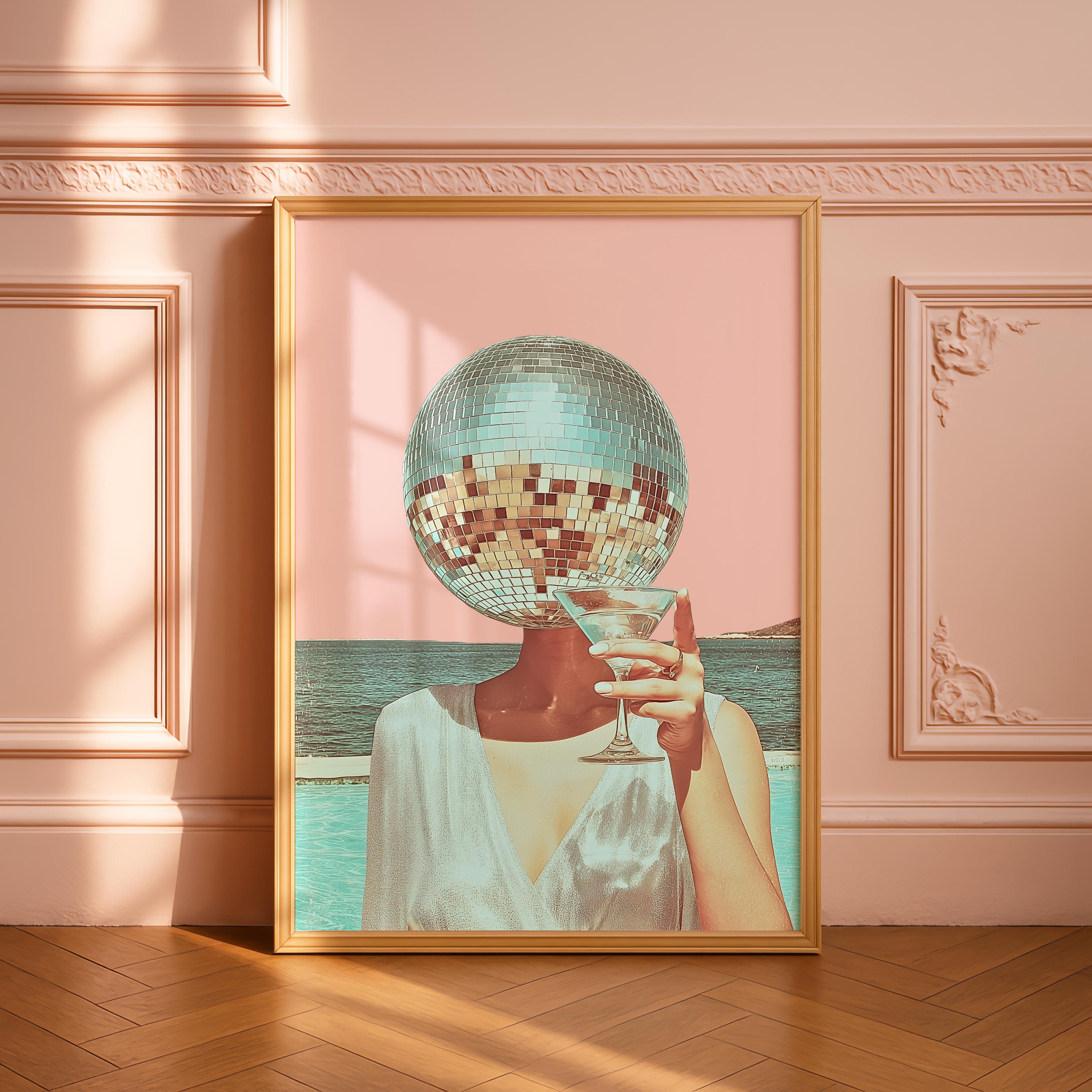 Disco Ball Head Martini Print, Retro Pink Beach Wall Art, Coastal Bar Cart Decor, Surreal Cocktail Poster, Trendy Aesthetic Printable