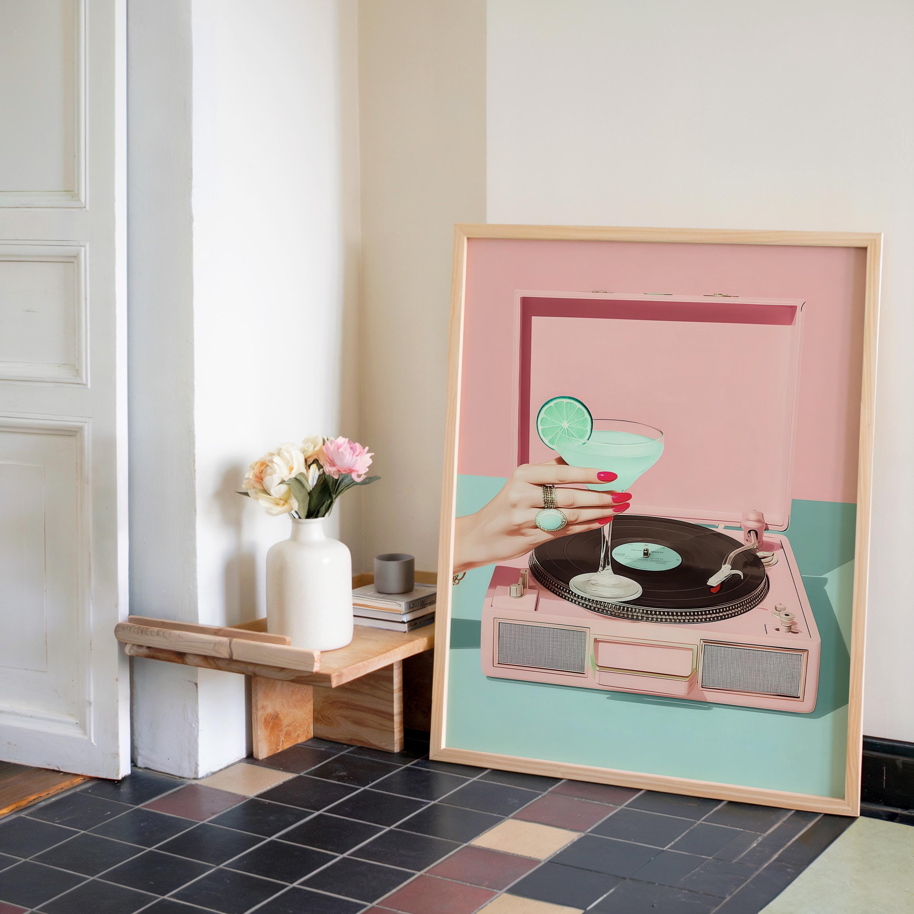 Retro Record Player Cocktail Print, Pink Aesthetic Bar Cart Wall Art, Mint Martini Poster, Vintage Vinyl Decor, Trendy Printable Art