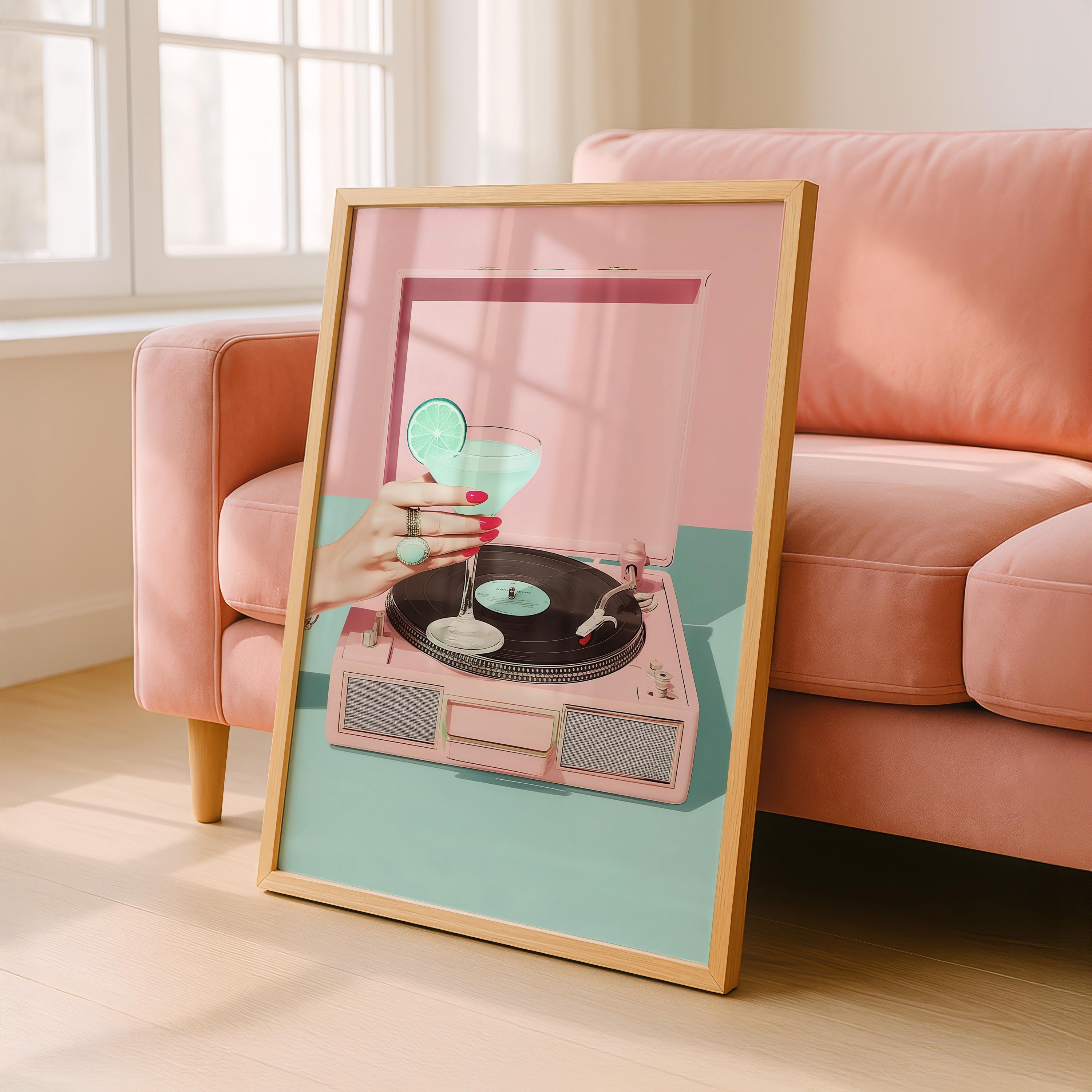 Retro Record Player Cocktail Print, Pink Aesthetic Bar Cart Wall Art, Mint Martini Poster, Vintage Vinyl Decor, Trendy Printable Art