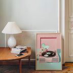 Retro Record Player Cocktail Print, Pink Aesthetic Bar Cart Wall Art, Mint Martini Poster, Vintage Vinyl Decor, Trendy Printable Art