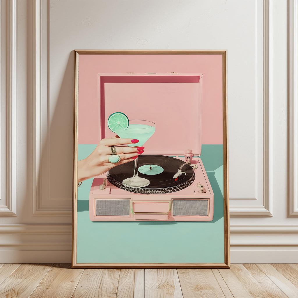 Retro Record Player Cocktail Print, Pink Aesthetic Bar Cart Wall Art, Mint Martini Poster, Vintage Vinyl Decor, Trendy Printable Art