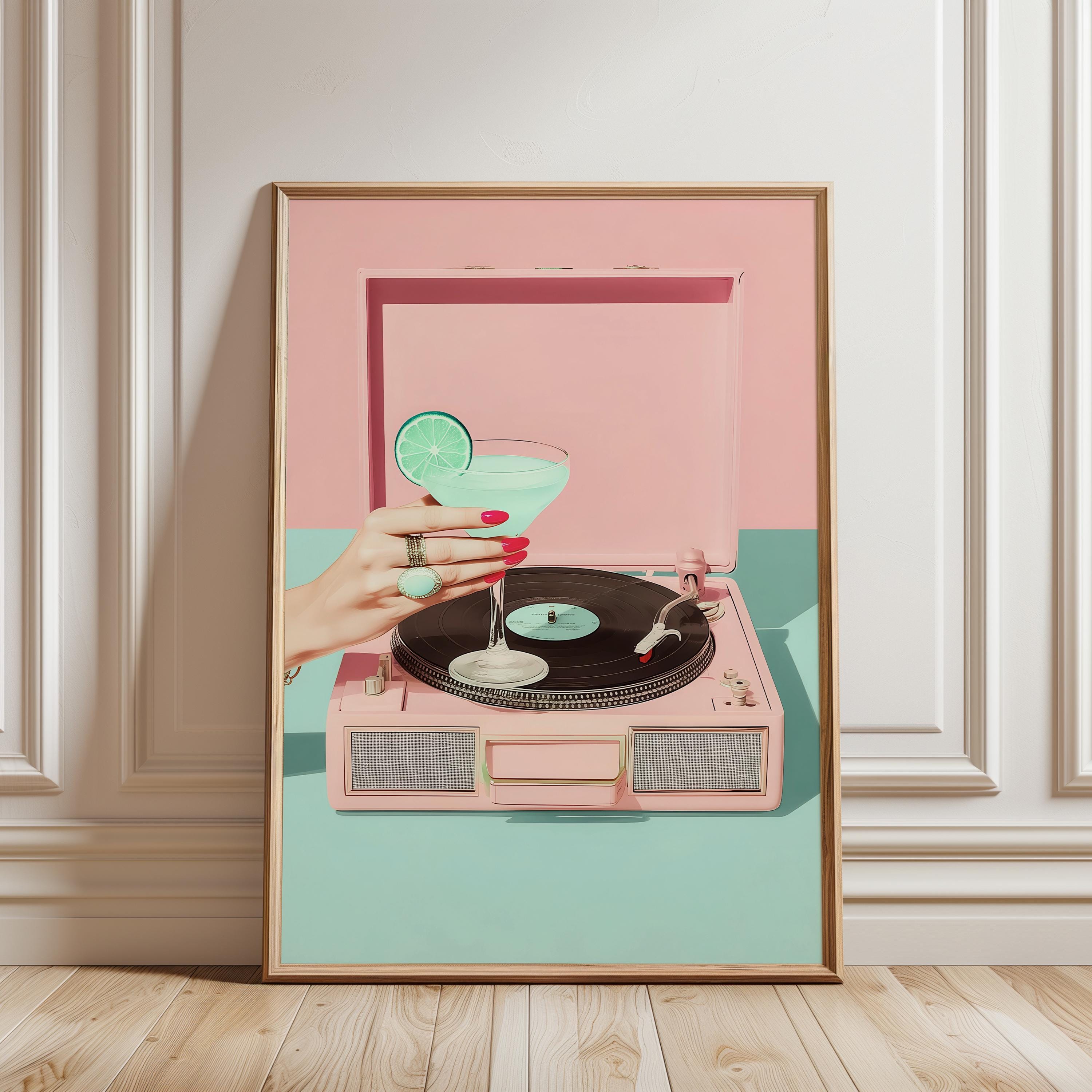 Retro Record Player Cocktail Print, Pink Aesthetic Bar Cart Wall Art, Mint Martini Poster, Vintage Vinyl Decor, Trendy Printable Art