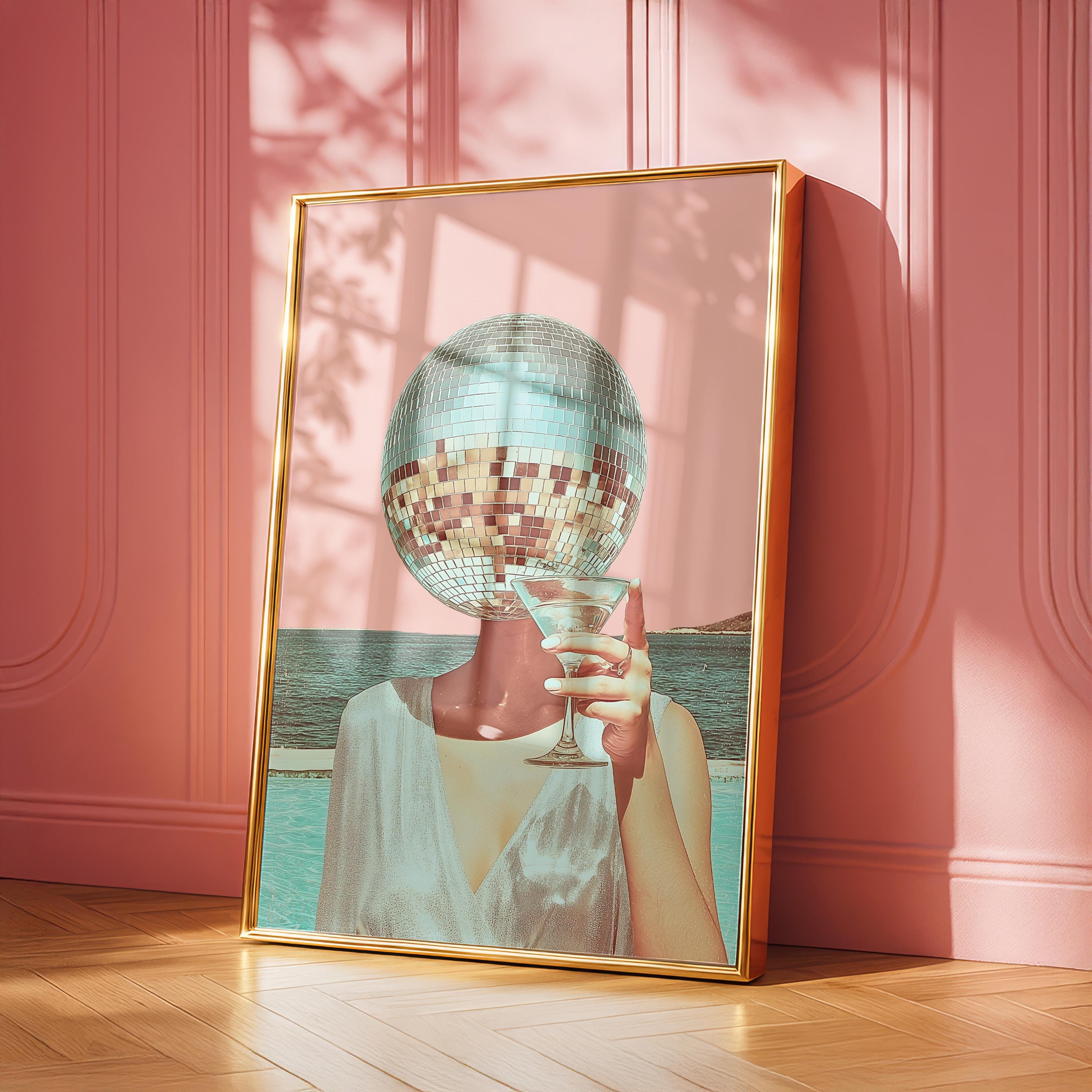 Disco Ball Head Martini Print, Retro Pink Beach Wall Art, Coastal Bar Cart Decor, Surreal Cocktail Poster, Trendy Aesthetic Printable