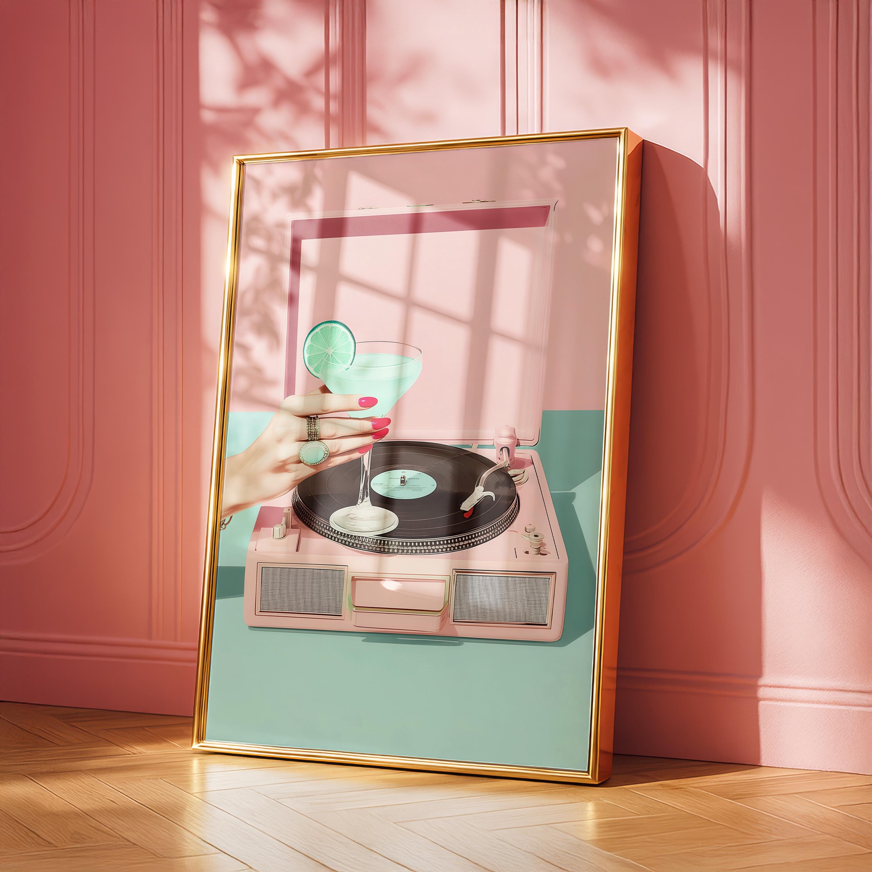 Retro Record Player Cocktail Print, Pink Aesthetic Bar Cart Wall Art, Mint Martini Poster, Vintage Vinyl Decor, Trendy Printable Art