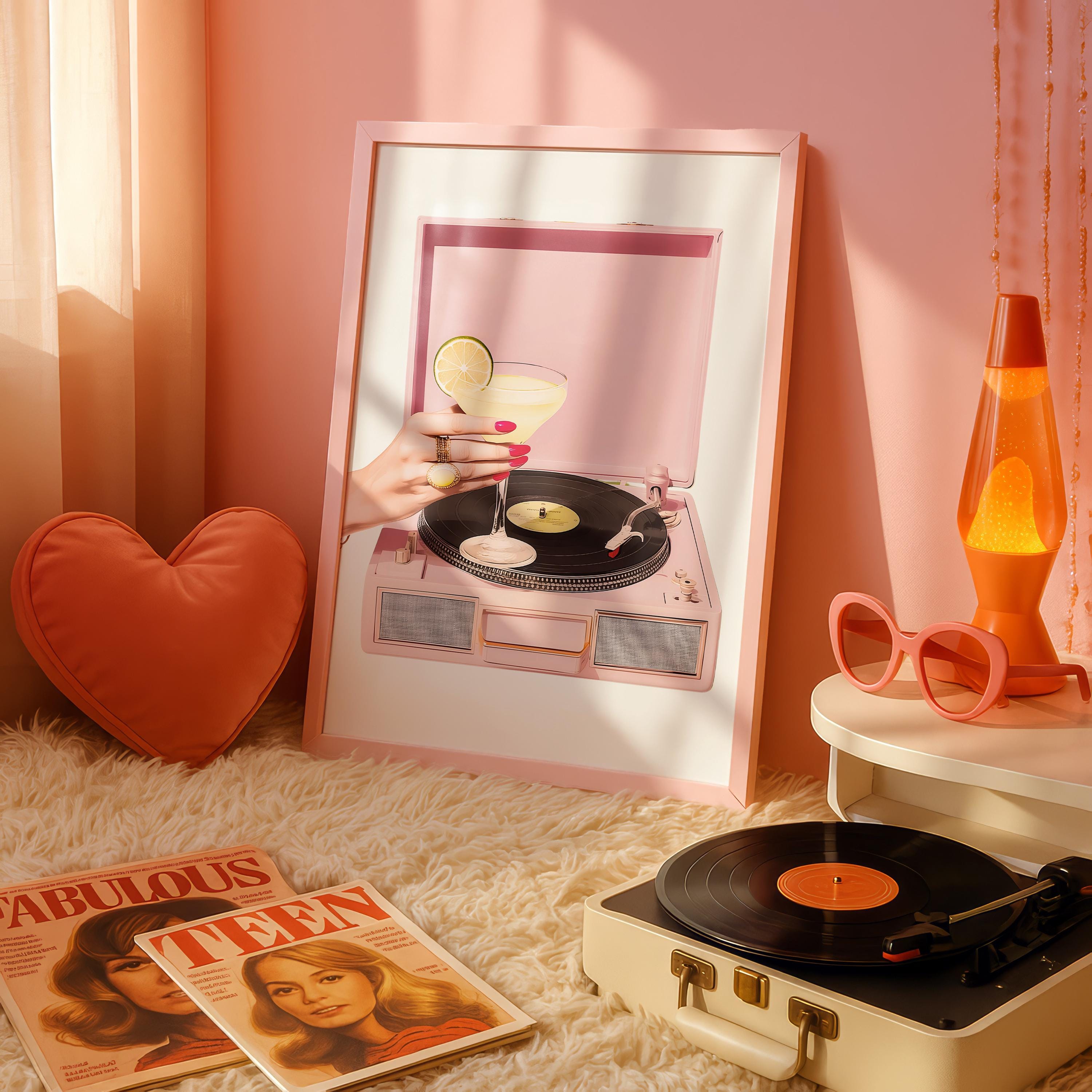 Pink Retro Record Player Wall Art, Cocktail Aesthetic Printable, Bar Cart Decor, Girly Martini Print, Vintage Vinyl Poster Digital Download