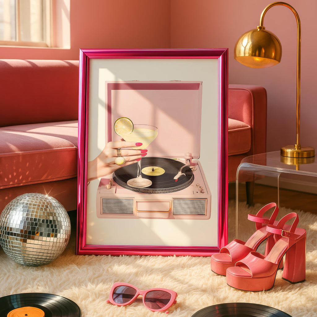 Pink Retro Record Player Wall Art, Cocktail Aesthetic Printable, Bar Cart Decor, Girly Martini Print, Vintage Vinyl Poster Digital Download