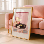 Pink Retro Record Player Wall Art, Cocktail Aesthetic Printable, Bar Cart Decor, Girly Martini Print, Vintage Vinyl Poster Digital Download