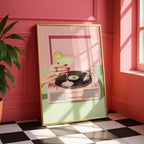 Retro Cocktail Record Player Wall Art, Martini Vinyl Print, Pink Turntable Poster, Bar Cart Decor, Music Lover Printable, Digital Download