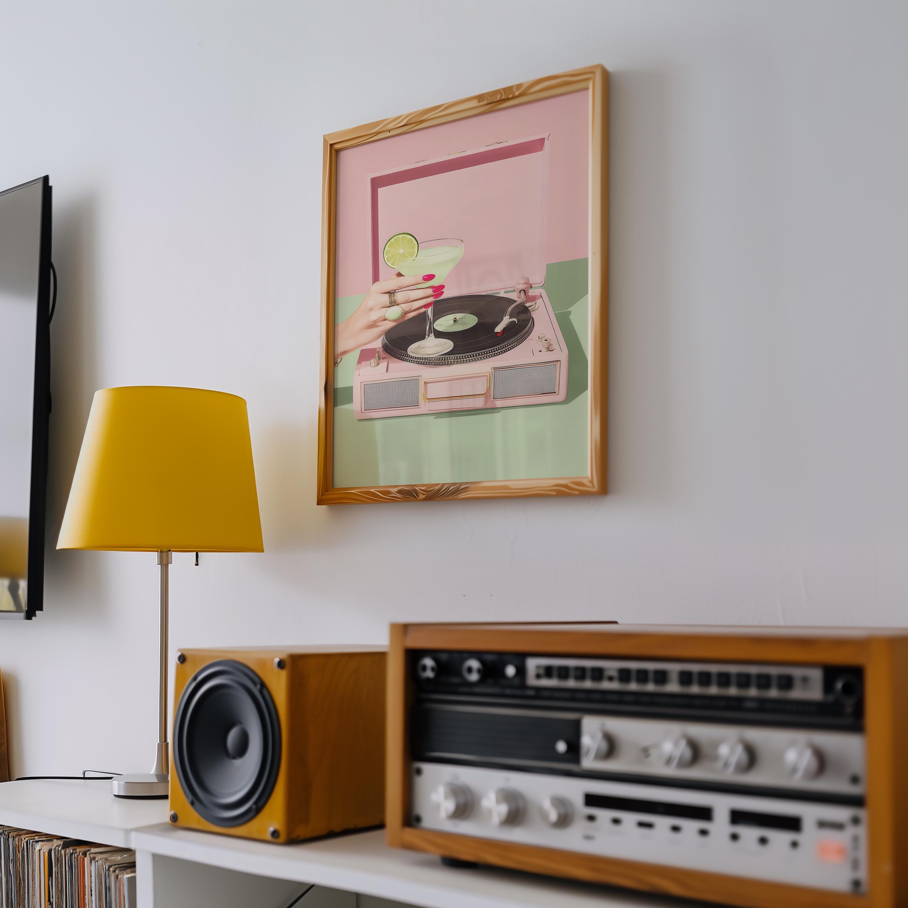 Retro Cocktail Record Player Wall Art, Martini Vinyl Print, Pink Turntable Poster, Bar Cart Decor, Music Lover Printable, Digital Download
