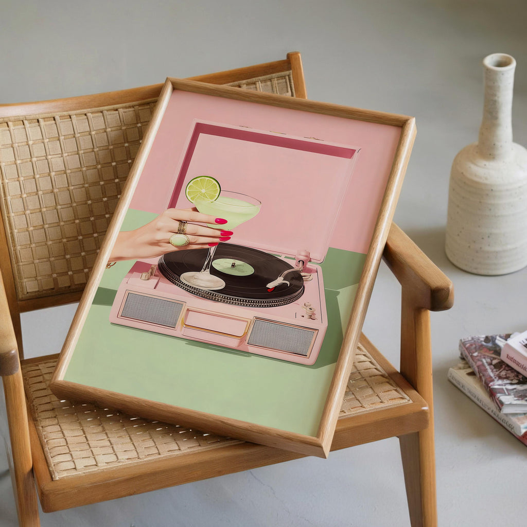 Retro Cocktail Record Player Wall Art, Martini Vinyl Print, Pink Turntable Poster, Bar Cart Decor, Music Lover Printable, Digital Download