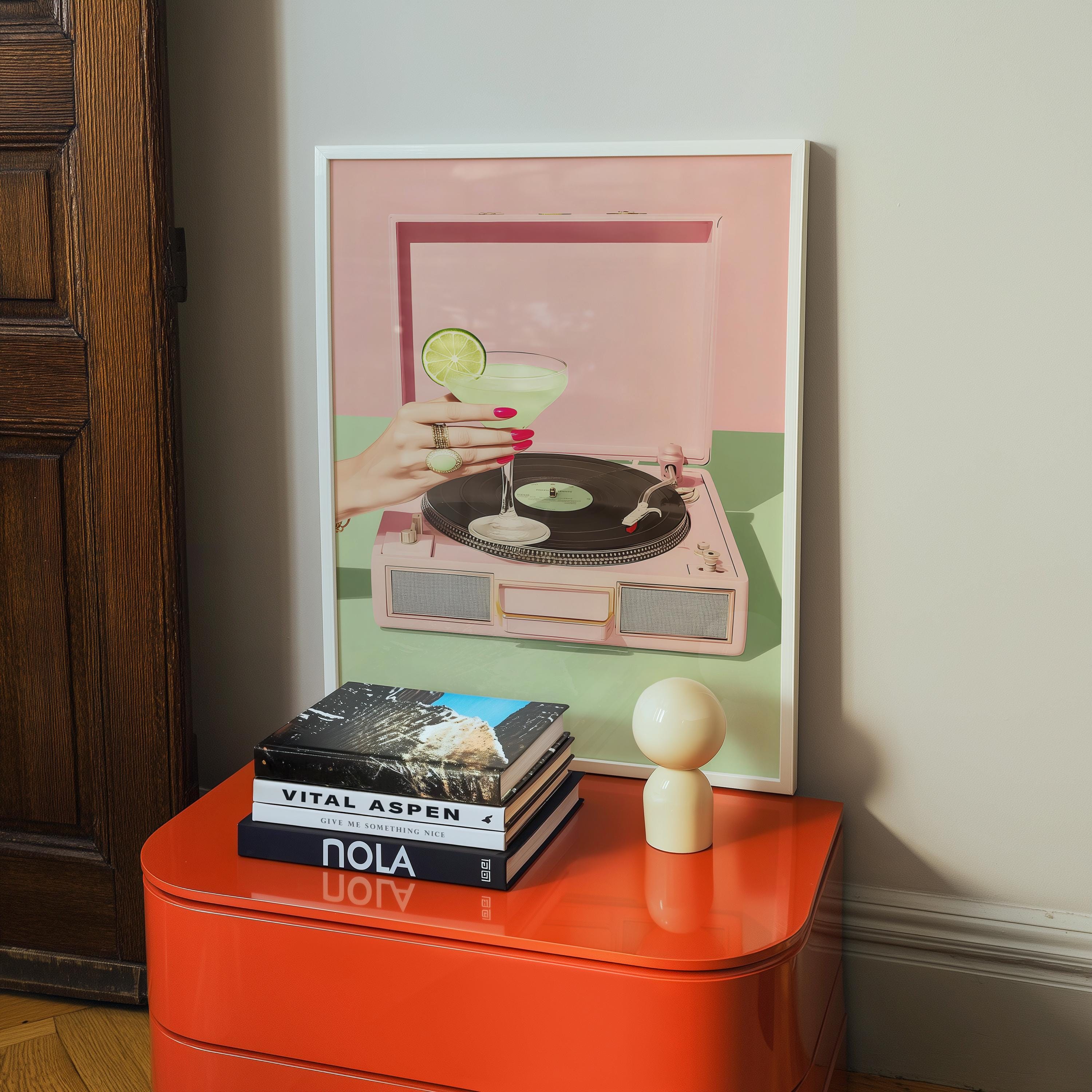 Retro Cocktail Record Player Wall Art, Martini Vinyl Print, Pink Turntable Poster, Bar Cart Decor, Music Lover Printable, Digital Download