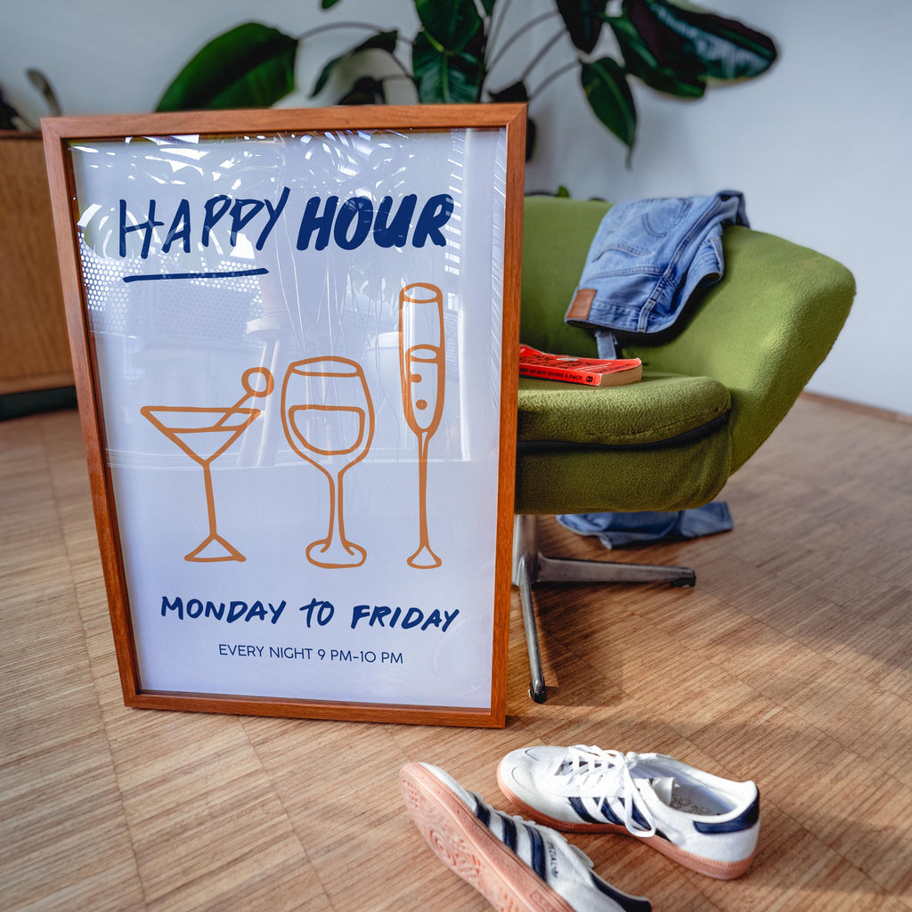 Happy Hour Wall Art Print, Cocktail Bar Cart Decor, Wine Martini Champagne Poster, Home Bar Printable, Kitchen Bar Wall Decor, DIGITAL