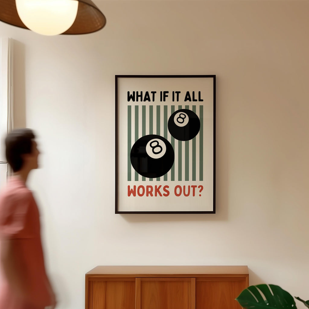 What If It All Works Out Print, Retro Game Room Decor, Billiards Print, Trendy Typography Quote, Home Bar Decor, Man Cave Wall Art DIGITAL