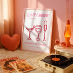 Girly Happy Hour Print, Pink Bar Cart Wall Art, Cocktail Line Art Poster, Girls Night Decor, Bachelorette Party Printable, DIGITAL