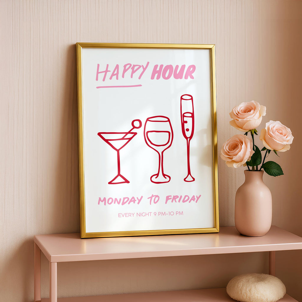 Girly Happy Hour Print, Pink Bar Cart Wall Art, Cocktail Line Art Poster, Girls Night Decor, Bachelorette Party Printable, DIGITAL