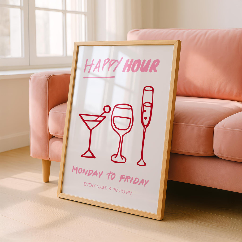 Girly Happy Hour Print, Pink Bar Cart Wall Art, Cocktail Line Art Poster, Girls Night Decor, Bachelorette Party Printable, DIGITAL