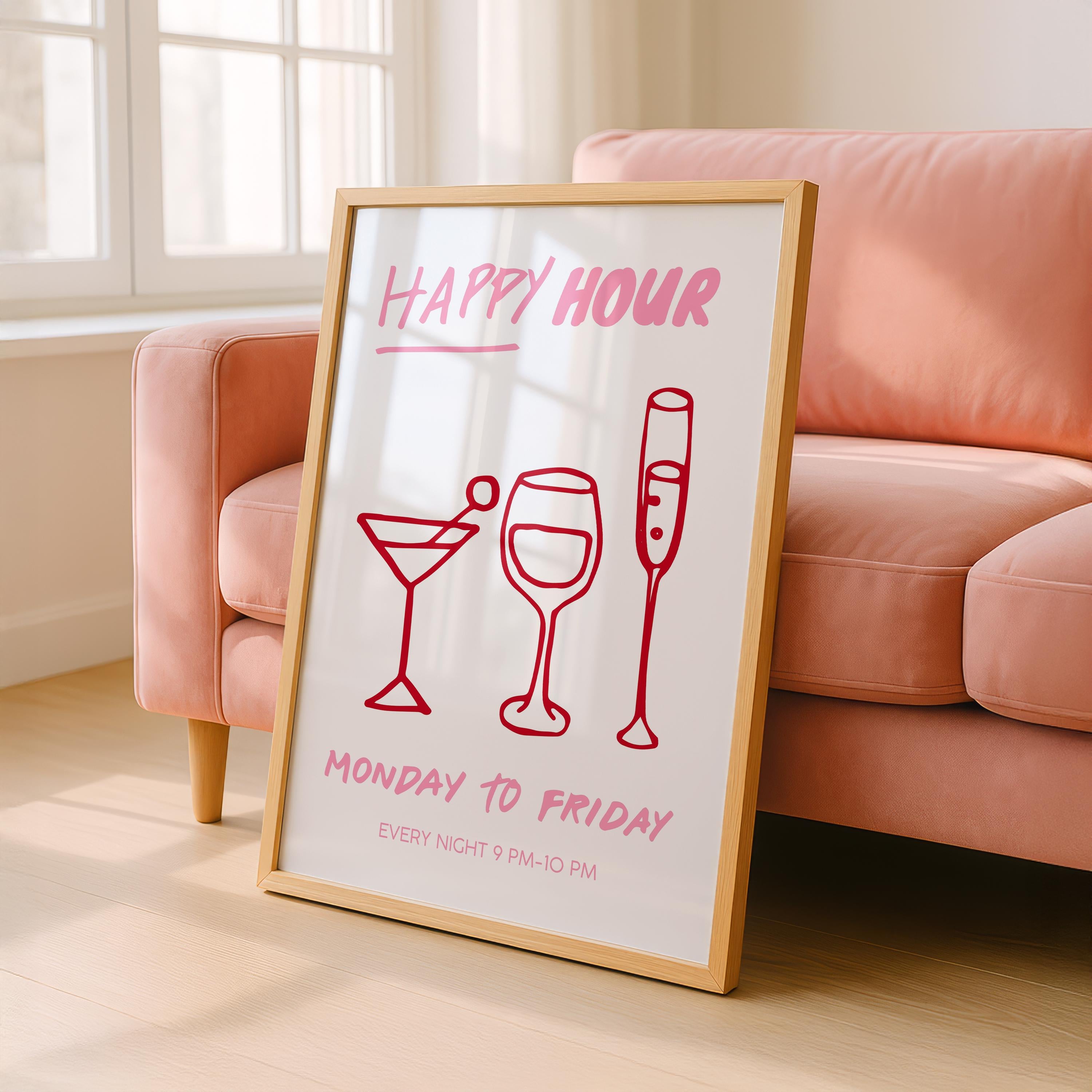 Girly Happy Hour Print, Pink Bar Cart Wall Art, Cocktail Line Art Poster, Girls Night Decor, Bachelorette Party Printable, DIGITAL
