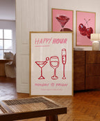 Girly Happy Hour Print, Pink Bar Cart Wall Art, Cocktail Line Art Poster, Girls Night Decor, Bachelorette Party Printable, DIGITAL