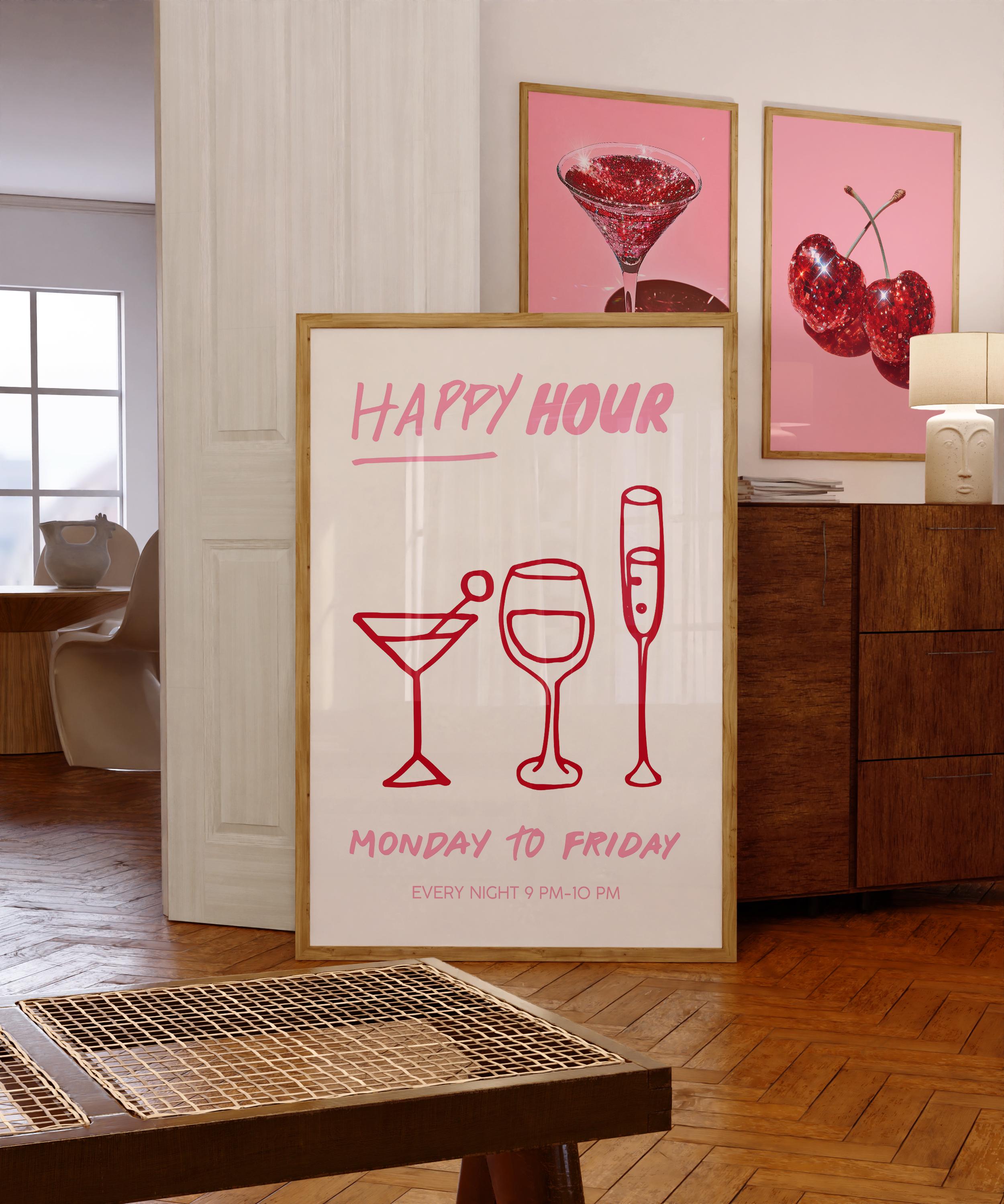 Girly Happy Hour Print, Pink Bar Cart Wall Art, Cocktail Line Art Poster, Girls Night Decor, Bachelorette Party Printable, DIGITAL