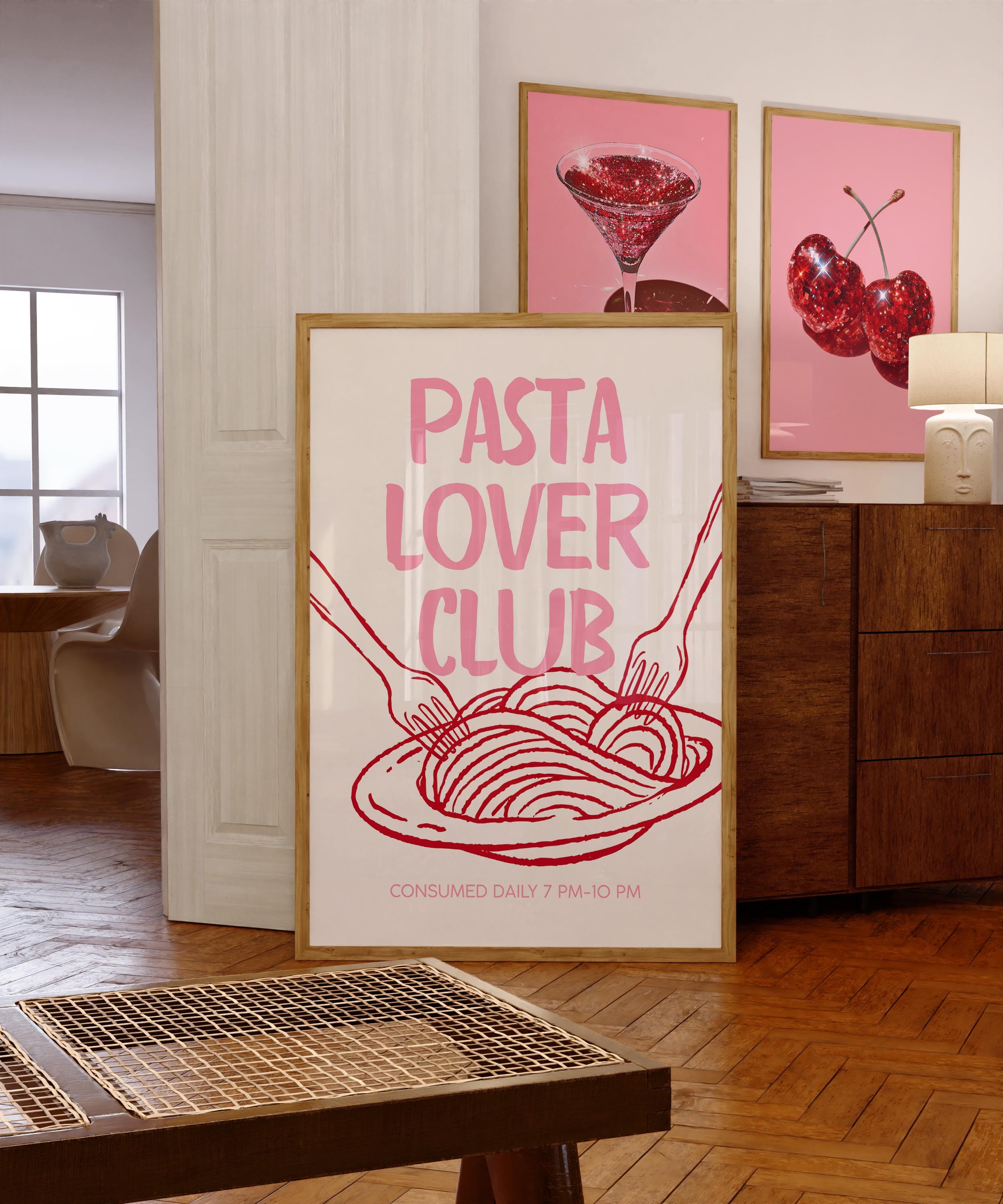 Pink Pasta Lover Club Wall Art, Italian Kitchen Print, Pasta Typography Poster, Feminine Foodie Decor, Cute Kitchen Printable, DIGITAL