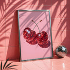 Disco Cherry Pink Wall Art Printable, Sparkly Red Fruit Poster, Glam Pop Art Decor, Girly Aesthetic Digital Download, Fun Gift For Her
