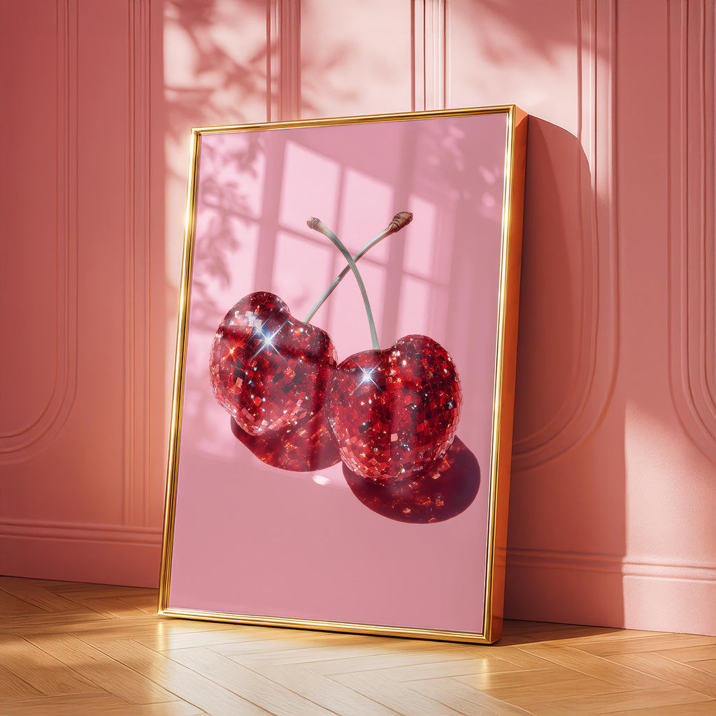 Disco Cherry Pink Wall Art Printable, Sparkly Red Fruit Poster, Glam Pop Art Decor, Girly Aesthetic Digital Download, Fun Gift For Her