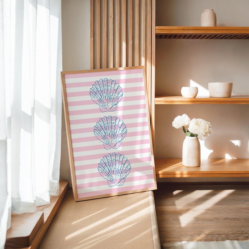 Coastal Wall Art Set of 3, Beach House Gallery Wall, Pink Blue Shell Prints, Preppy Coastal Decor, Summer Printable Art, DIGITAL DOWNLOAD