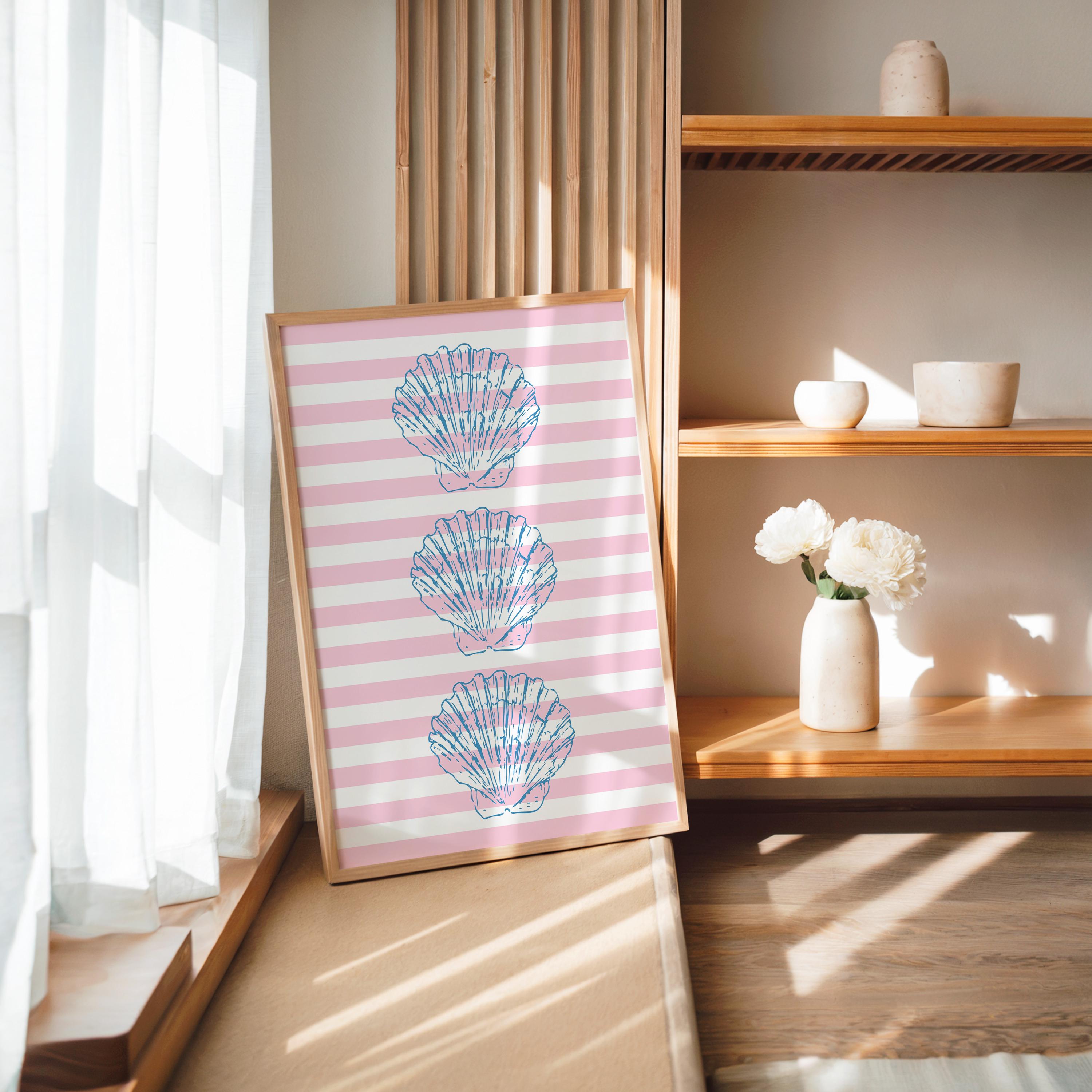 Coastal Wall Art Set of 3, Beach House Gallery Wall, Pink Blue Shell Prints, Preppy Coastal Decor, Summer Printable Art, DIGITAL DOWNLOAD