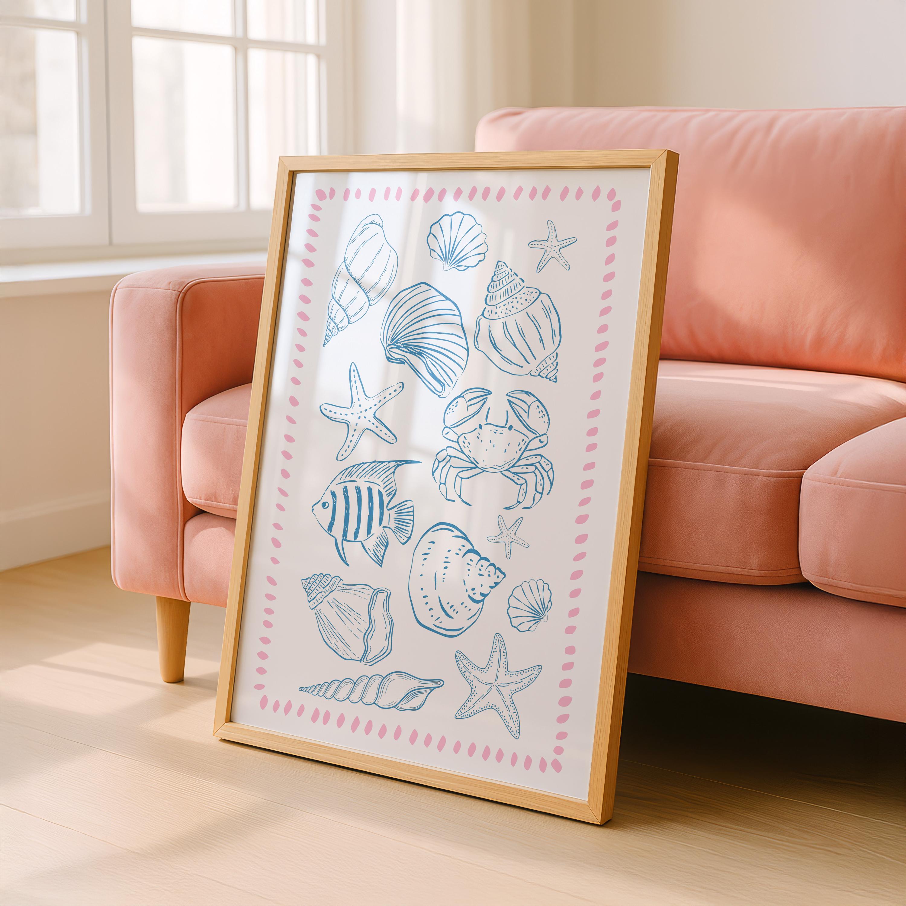 Coastal Wall Art Set of 3, Beach House Gallery Wall, Pink Blue Shell Prints, Preppy Coastal Decor, Summer Printable Art, DIGITAL DOWNLOAD