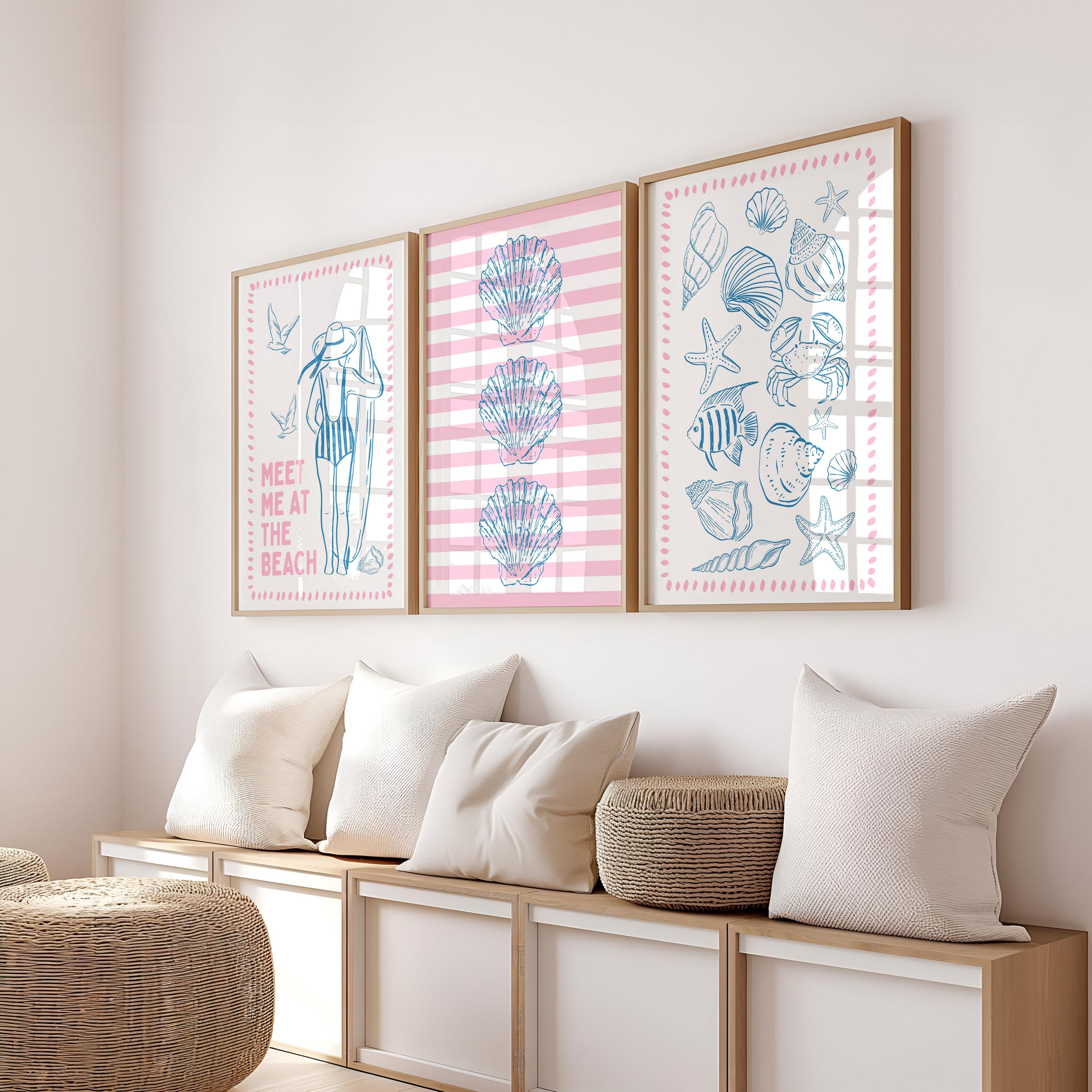 Coastal Wall Art Set of 3, Beach House Gallery Wall, Pink Blue Shell Prints, Preppy Coastal Decor, Summer Printable Art, DIGITAL DOWNLOAD