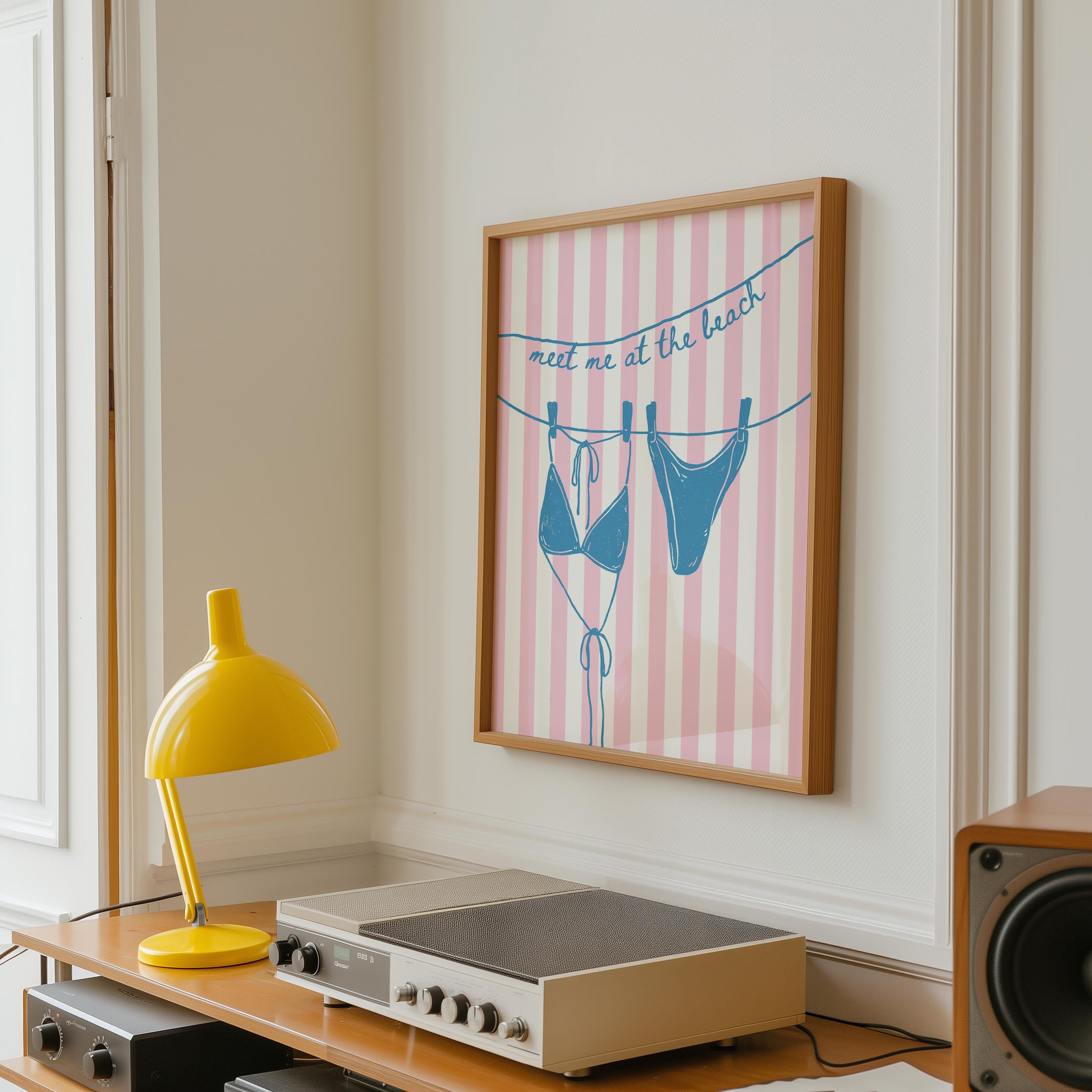 Meet Me at the Beach Wall Art, Coastal Bikini Poster, Pink Striped Beach Print, Preppy Summer Decor Beach House Print Bikini Line Art Poster