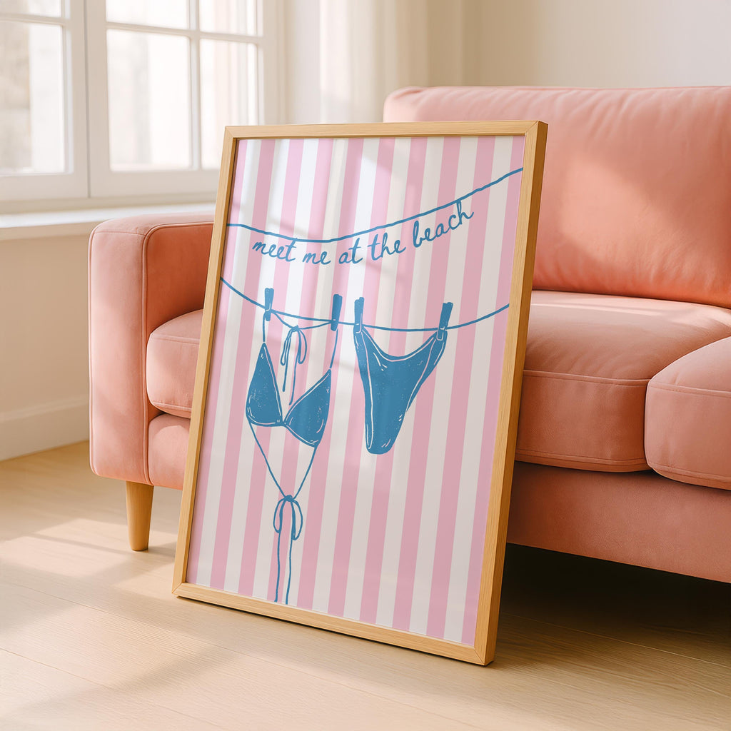 Meet Me at the Beach Wall Art, Coastal Bikini Poster, Pink Striped Beach Print, Preppy Summer Decor Beach House Print Bikini Line Art Poster