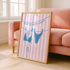 Meet Me at the Beach Wall Art, Coastal Bikini Poster, Pink Striped Beach Print, Preppy Summer Decor Beach House Print Bikini Line Art Poster